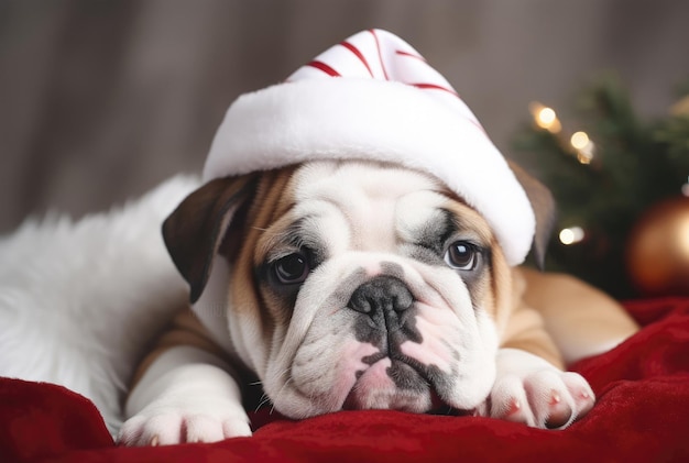 Chiot bouledogue anglais portant un chapeau de Père Noël se reposant et regardant le concept de vacances de Noël de la caméra