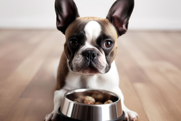 Chiot bouledogue français en attente de nourriture