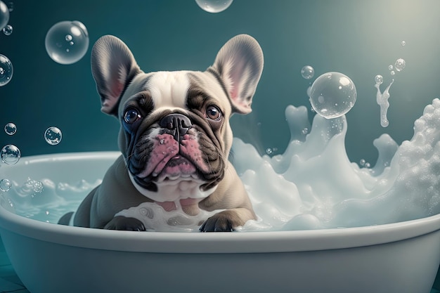 Chiot bouledogue français dans la baignoire avec un savon ai génératif