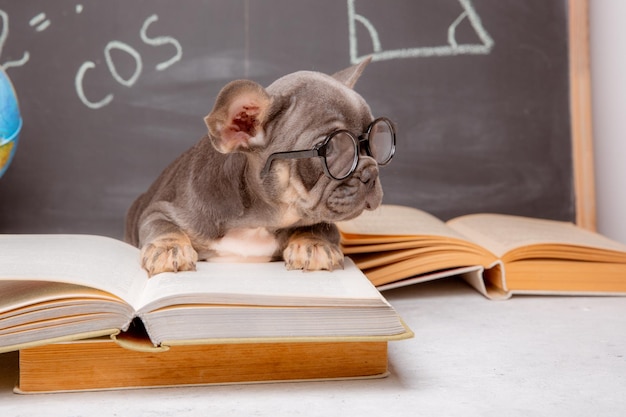 Un chiot bouledogue français sur le fond d'un tableau noir avec des lunettes et des livres