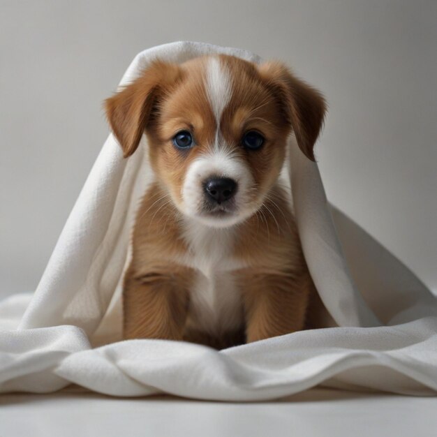 un chiot brun et blanc avec une tache blanche sur le visage