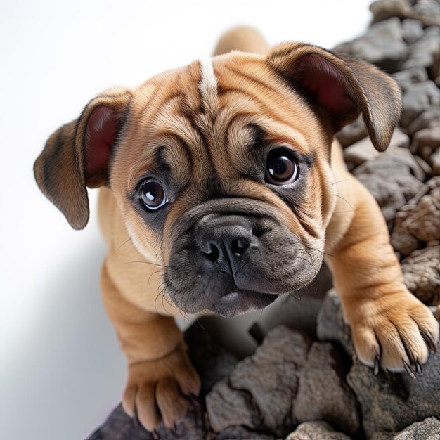 Photo un chiot brun et noir regarde des rochers