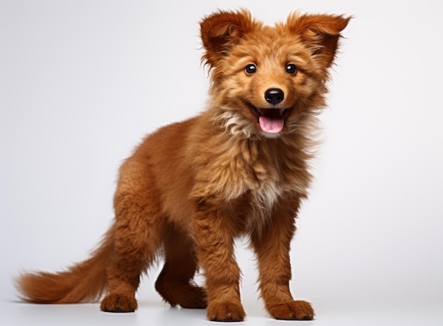 un chiot brun avec un pelage moelleux et une expression heureuse pose et regarde la caméra sur fond blanc