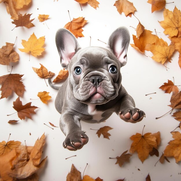 Photo chiot de bulldog français merle bleu sur un fond blanc jouant avec des feuilles d'automne