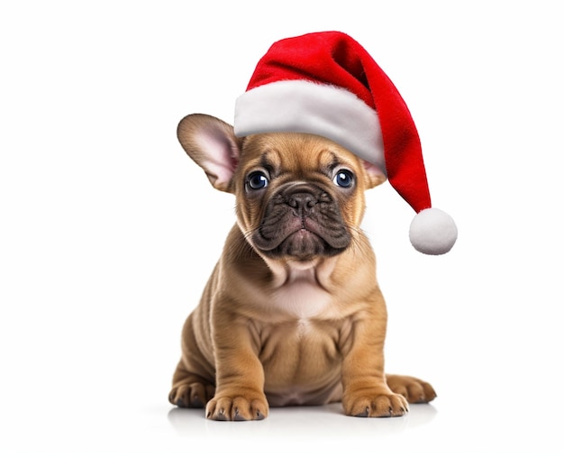 Un chiot de bulldog français portant un chapeau de Père Noël