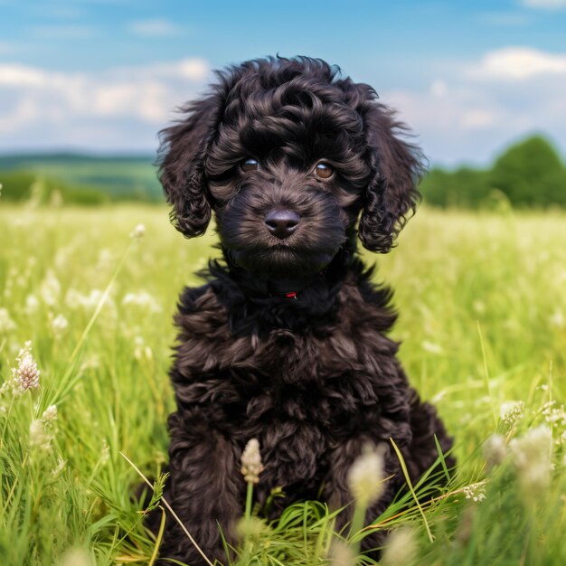 Un chiot de caniche assis sur la prairie verte