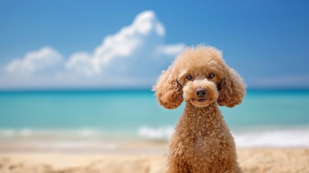 Un chiot de caniche avec une expression faciale adorable sur le fond de la plage.