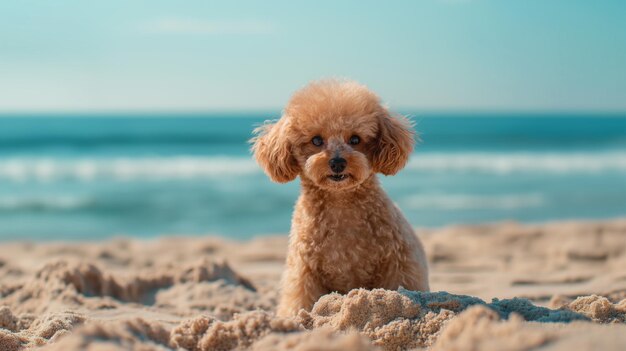 Un chiot de caniche avec une expression faciale adorable sur le fond de la plage.