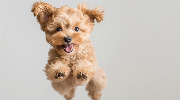 Photo un chiot de caniche de jouet excité fait un saut à mi-chemin