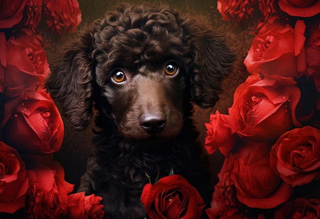 un chiot de caniche et des roses dans le champ dans le style de l'hyperréalisme détaillé