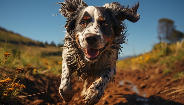 Chiot canin mignon jouant dans l'herbe mouillée profitant des plaisirs d'été générés par l'intelligence artificielle