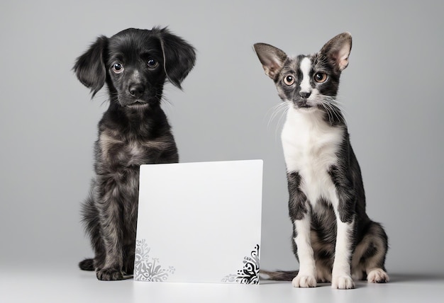 Chiot Carlin avec chat avec blanc pour le texte sur les vacances en arrière-plan et le concept de vente