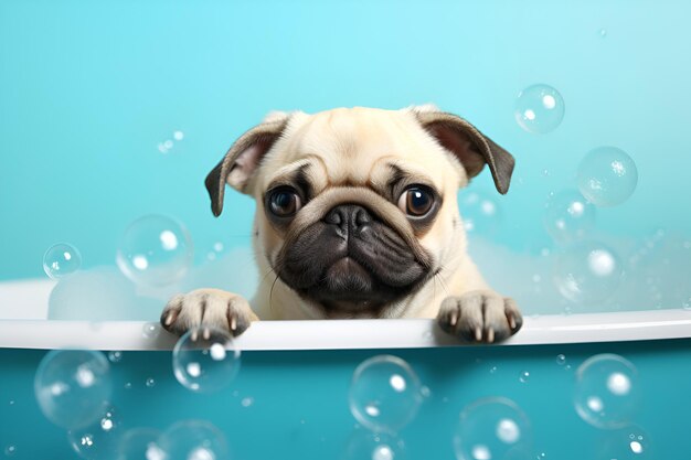 Photo chiot carlin drôle se baignant dans une baignoire avec des bulles de savon et de la mousse sur fond bleu