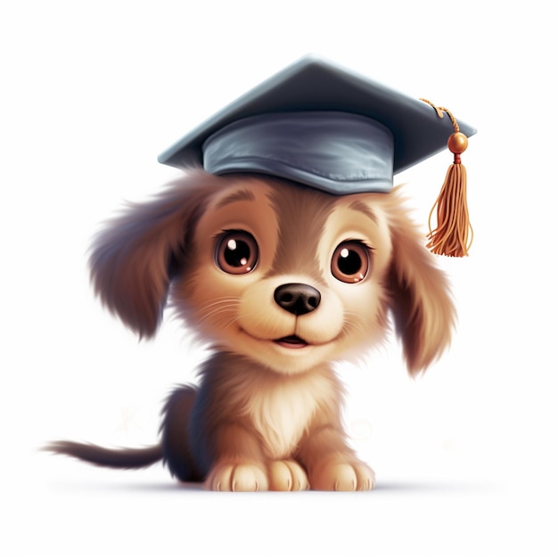 Un chiot avec une casquette de graduation sur la tête.