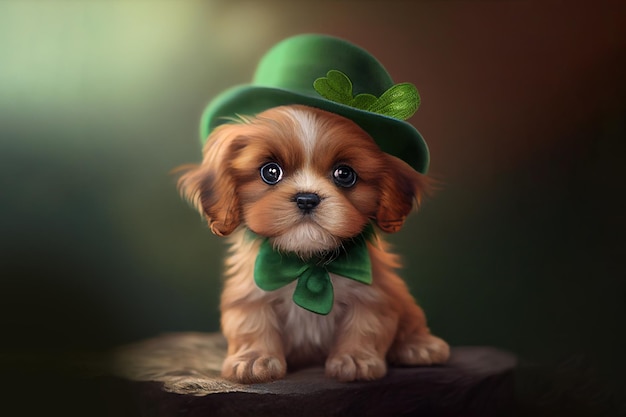 Chiot en chapeau de lutin vert Ai générative