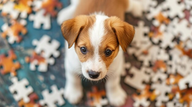 Un chiot charmant aime un puzzle d'une perspective délicieuse de haut en bas