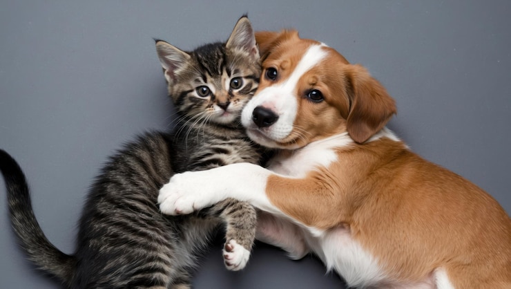 Photo un chiot et un chaton adorables se câlinent sur une couverture moelleuse rayonnant de chaleur et d'amour.