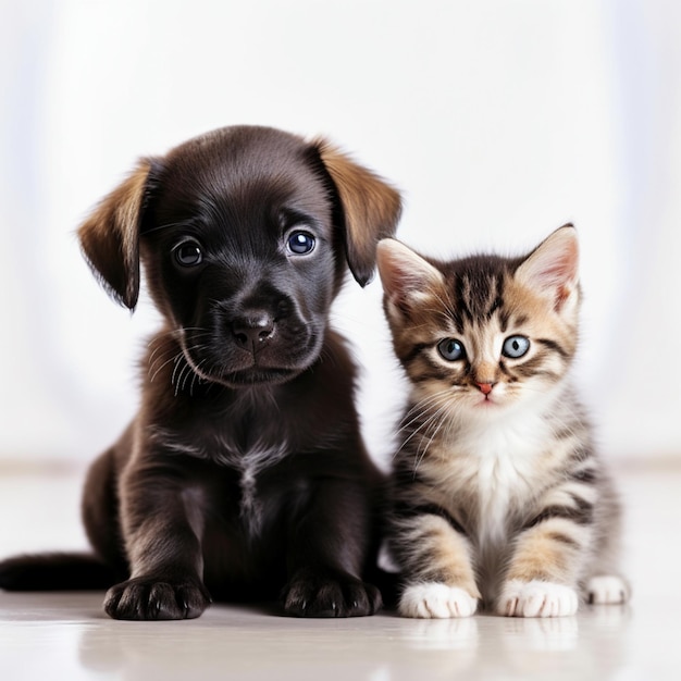 Chiot et chaton assis sur le sol en regardant la caméra ai générative