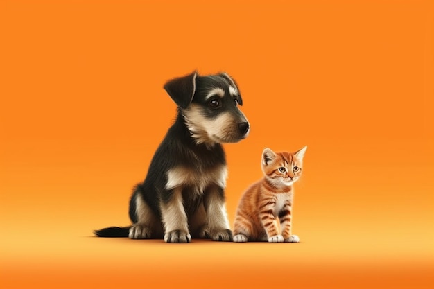 Chiot et chaton ensemble sur fond orange Concept de protection des animaux générative ai