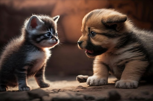 Chiot et chaton jouant ensemble montrant leur mélange unique de personnalités