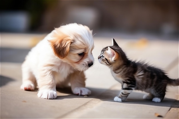 Un chiot et un chaton se regardent