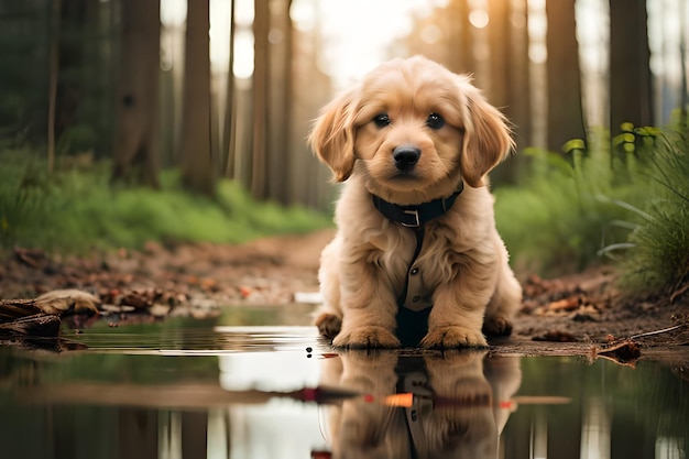 Chiot chien assis au bord de l'étang dans le parc