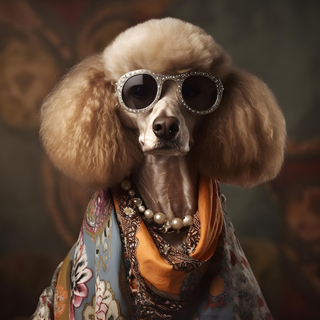 Chiot chien caniche en tenue hippie médiévale bohème bohème avec des perles surréalistes