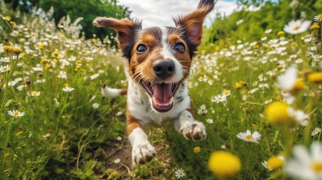 Chiot chien courant entre les fleurs au printemps Generative AI