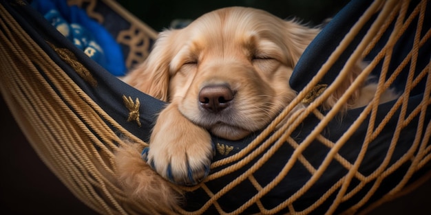 Chiot chien dormant dans un hamac avec sa tête sur ai générative