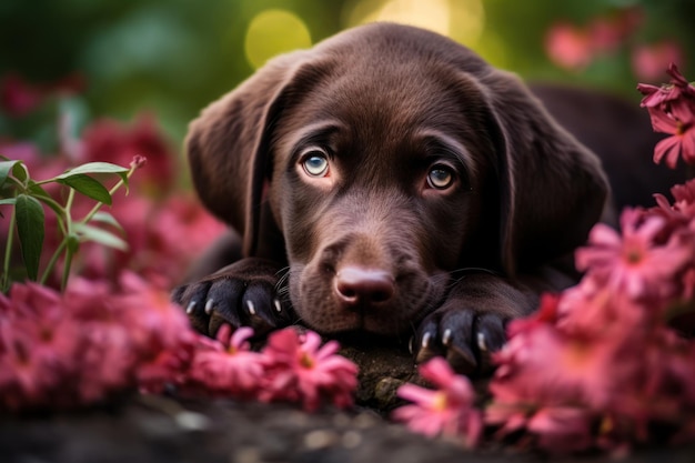 Chiot chien ludique explorant un champ de fleurs IA générative