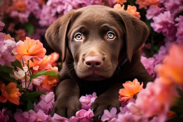 Chiot chien ludique explorant un champ de fleurs IA générative