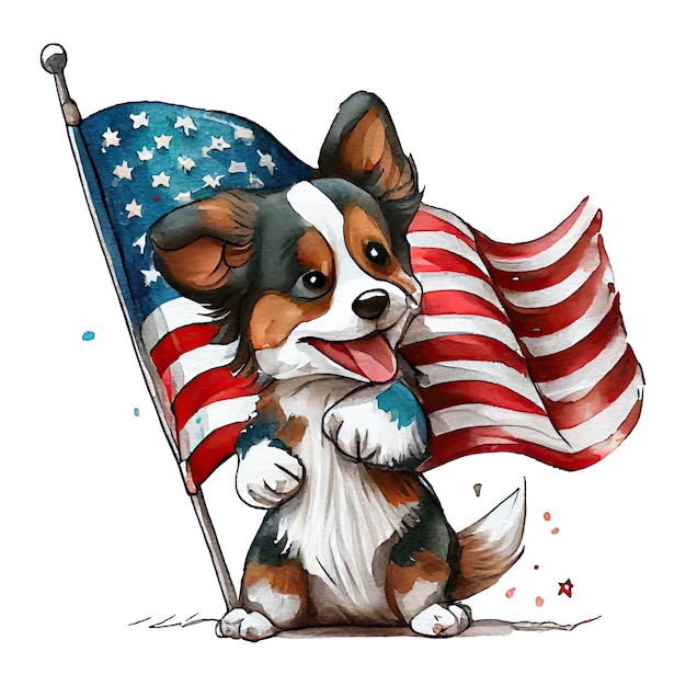 Chiot de chien patriotique mignon heureux aquarelle avec impression de drapeau américain 4 juillet Jour de l'Indépendance USA