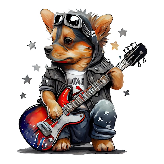 Chiot chien rocknroll mignon aquarelle avec illustration de guitare