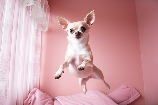 Chiot chihuahua mignon sautant dans la chambre rose Petit chien planant en voile léger et tulle AI générée