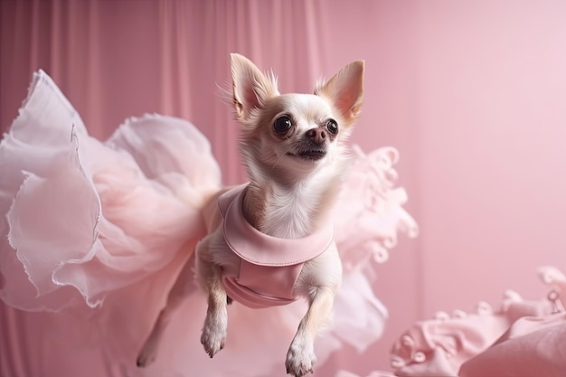 Chiot chihuahua mignon sautant dans la chambre rose Petit chien planant en voile léger et tulle AI générée