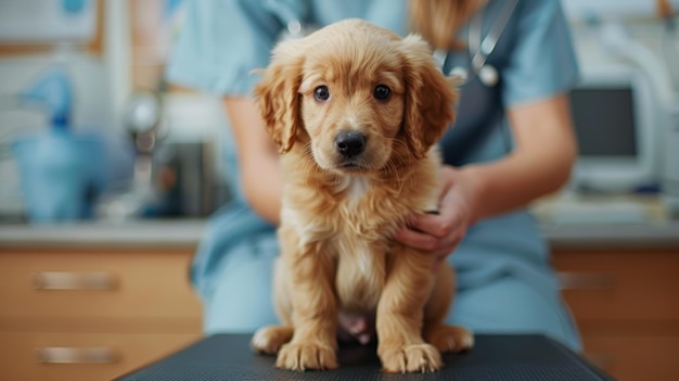 Un chiot de cocker-spaniel tenu doucement par un vétérinaire lors d'un examen