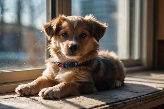 Un chiot content allongé dans une fenêtre ensoleillée