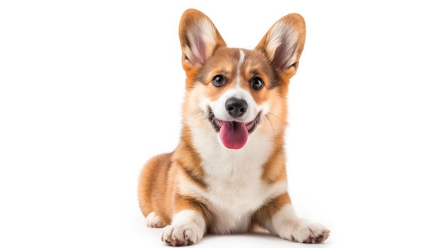 Un chiot corgi gallois heureux cligne des yeux, haletant et assis isolé sur le blanc.