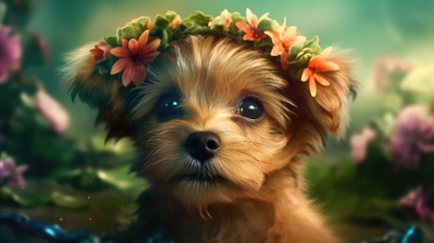 Un chiot avec une couronne de fleurs