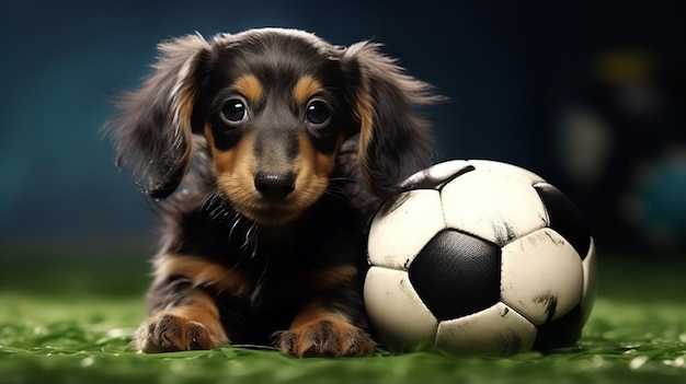 Un chiot de dachshund joue au football sur l'herbe verte de la pelouse de l'arrière-cour à la maison