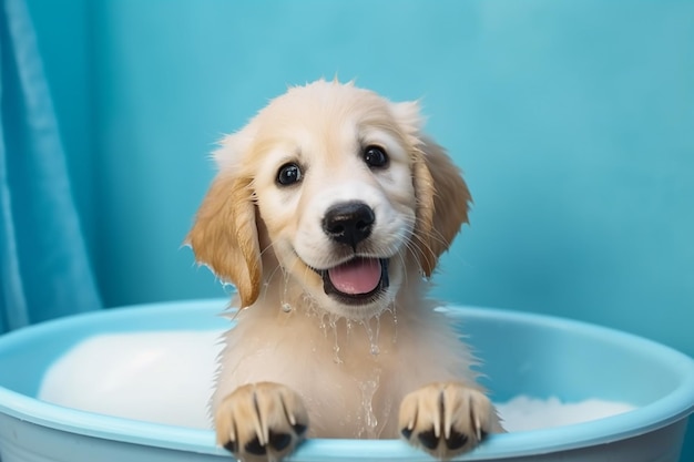 Un chiot dans une baignoire avec un fond bleu.