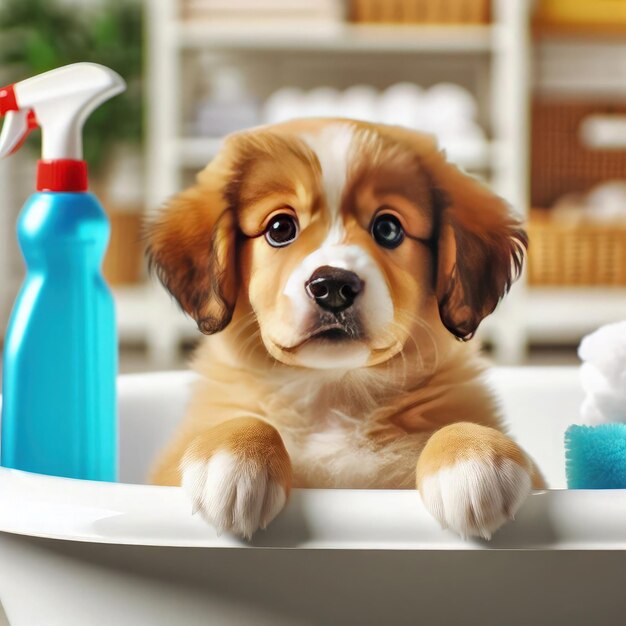 un chiot dans un évier avec une bouteille de savon et une brosse