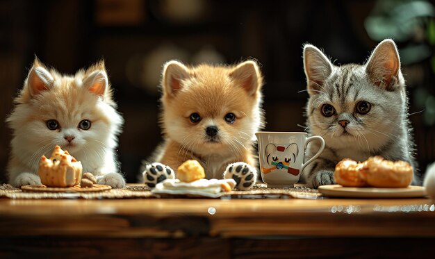 un chiot et deux chatons sont assis sur une table avec une tasse de thé