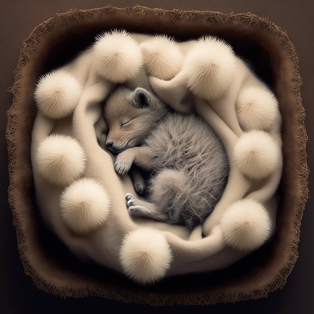 Un chiot dormant dans un chapeau de fourrure avec le mot loup dessus.