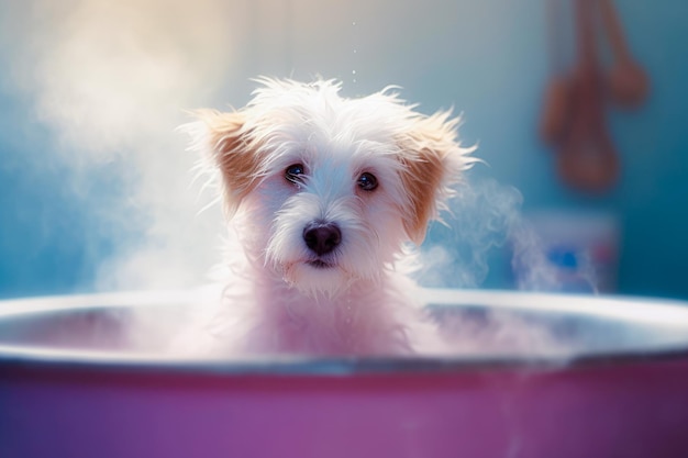 Photo un chiot drôle assis dans la baignoire en attendant d'être toiletté bannière pour le salon de toilette de l'animal de compagnie ia générative