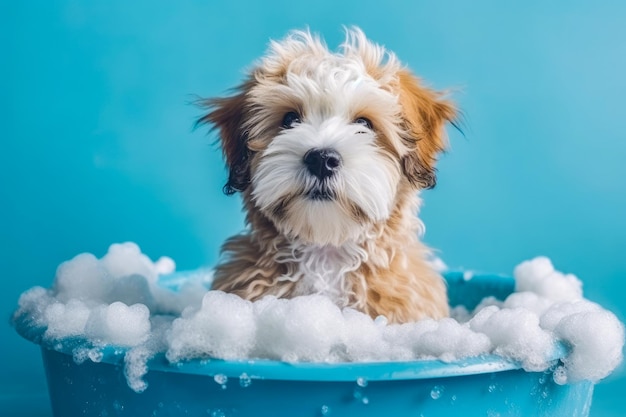 Un chiot drôle assis dans la baignoire en attendant d'être toiletté Bannière pour le salon de toilette de l'animal de compagnie IA générative