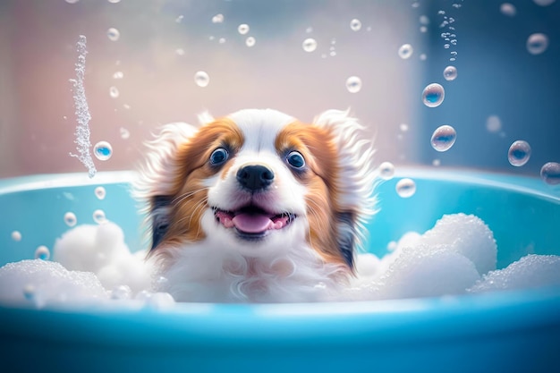 Un chiot drôle assis dans la baignoire en attendant d'être toiletté Bannière pour le salon de toilette de l'animal de compagnie IA générative