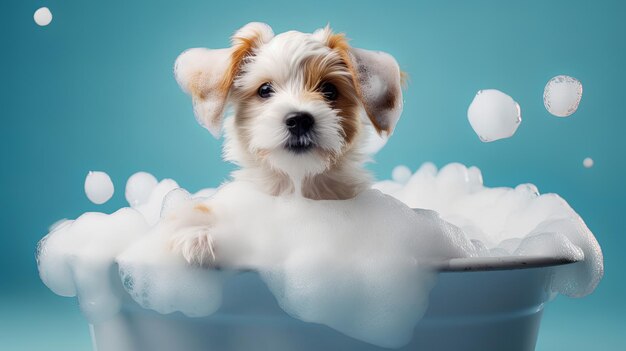 Photo chiot drôle assis dans la baignoire en attente de toilettage bannière pour le salon de toilettage de l'animal de compagnie ia générative