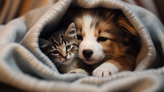 Un chiot embrasse un chaton Des animaux de compagnie dorment ensemble
