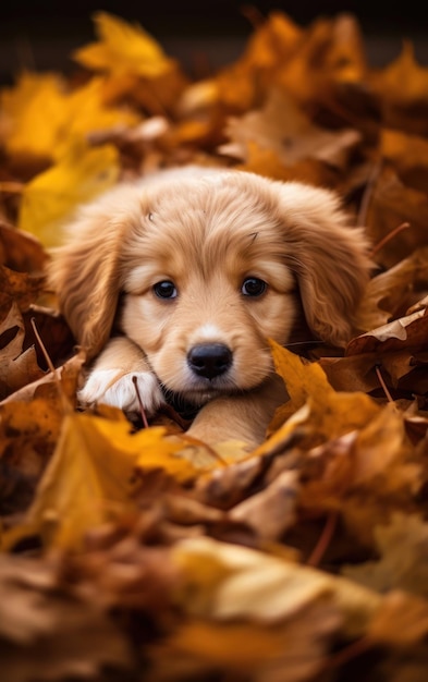 Un chiot énergique joue avec ses feuilles